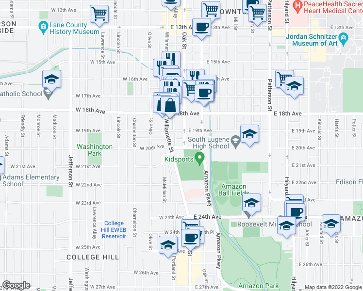 map of restaurants, bars, coffee shops, grocery stores, and more near 91 East 20th Avenue in Eugene