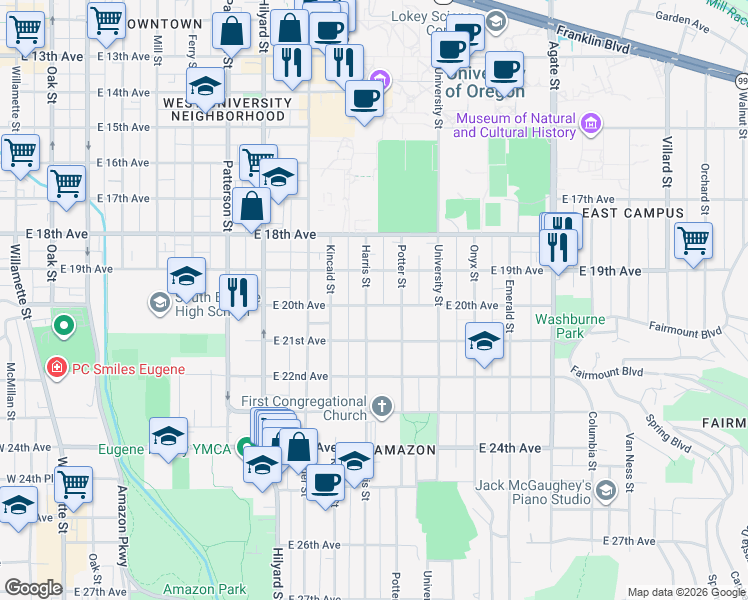 map of restaurants, bars, coffee shops, grocery stores, and more near 1995 Harris Street in Eugene