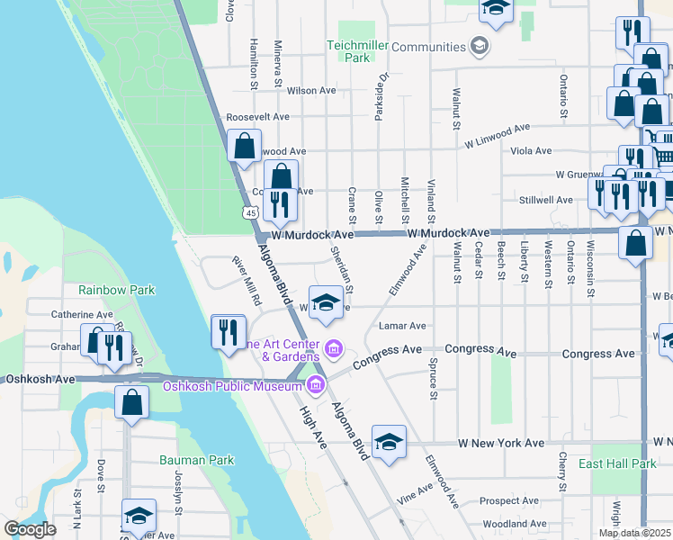 map of restaurants, bars, coffee shops, grocery stores, and more near 1649 Sheridan Street in Oshkosh