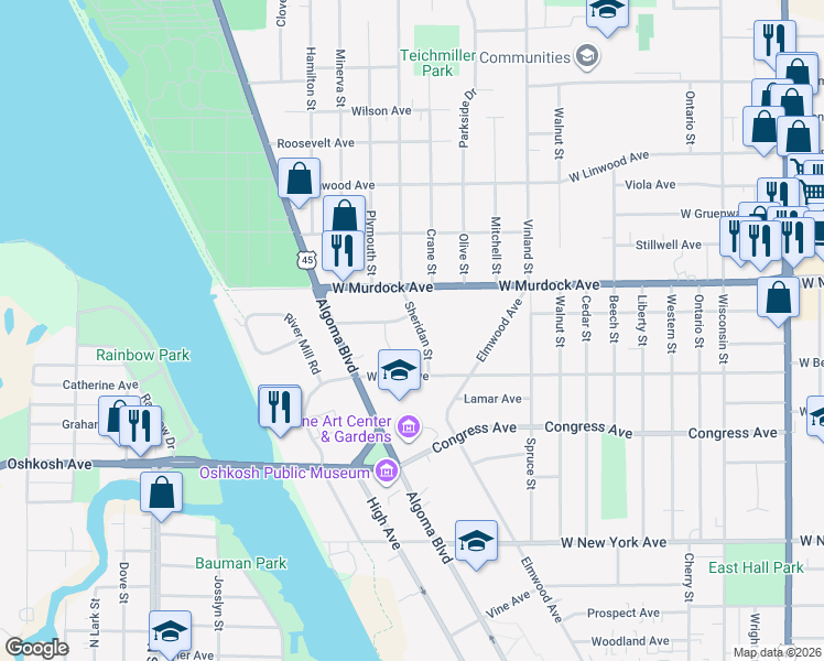 map of restaurants, bars, coffee shops, grocery stores, and more near 1649 Sheridan Street in Oshkosh