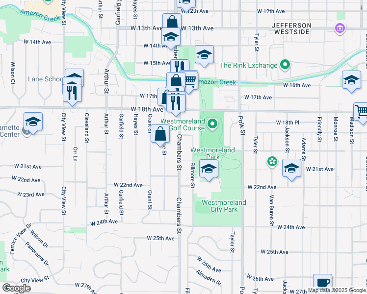 map of restaurants, bars, coffee shops, grocery stores, and more near 1975 Chambers Street in Eugene