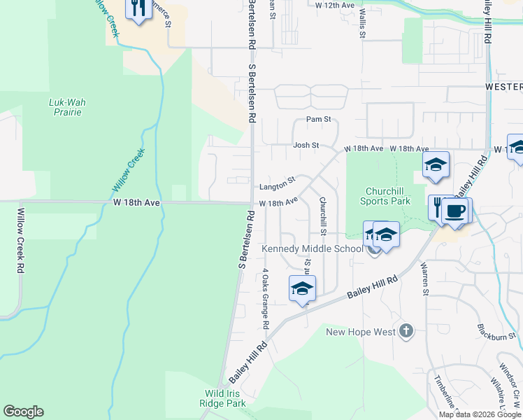 map of restaurants, bars, coffee shops, grocery stores, and more near 1802 4 Oaks Grange Road in Eugene