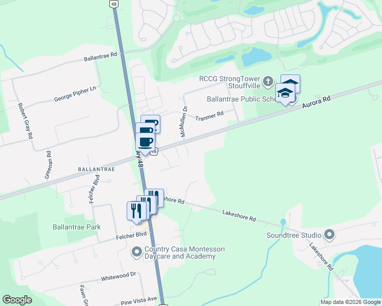 map of restaurants, bars, coffee shops, grocery stores, and more near 5373 Aurora Road in Whitchurch-Stouffville