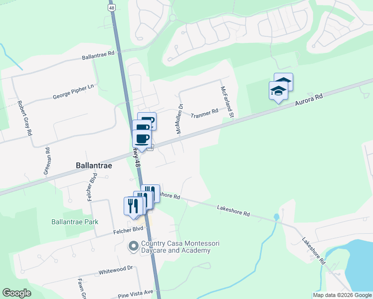 map of restaurants, bars, coffee shops, grocery stores, and more near 5373 Aurora Road in Whitchurch-Stouffville
