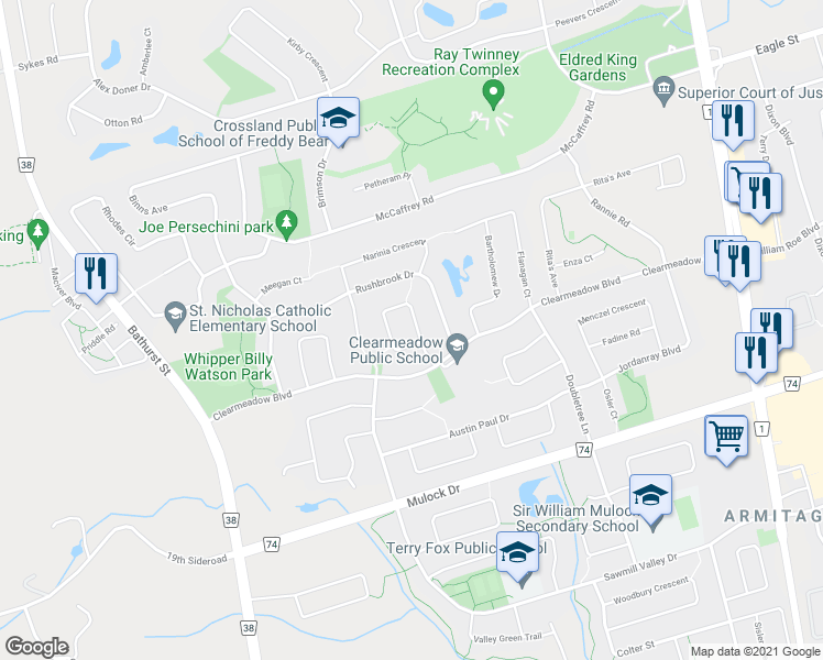 map of restaurants, bars, coffee shops, grocery stores, and more near 161 Denise Circle in Newmarket