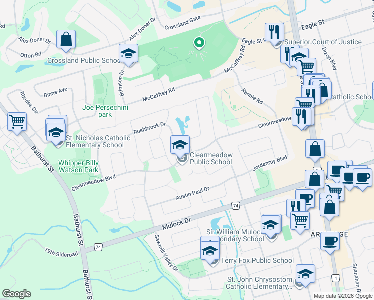 map of restaurants, bars, coffee shops, grocery stores, and more near 502 Bartholomew Drive in Newmarket