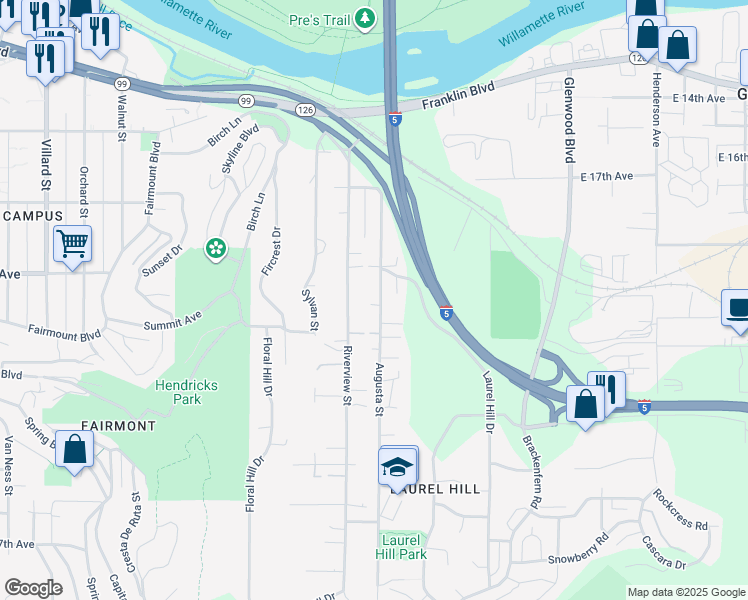 map of restaurants, bars, coffee shops, grocery stores, and more near 1920 Augusta Street in Eugene