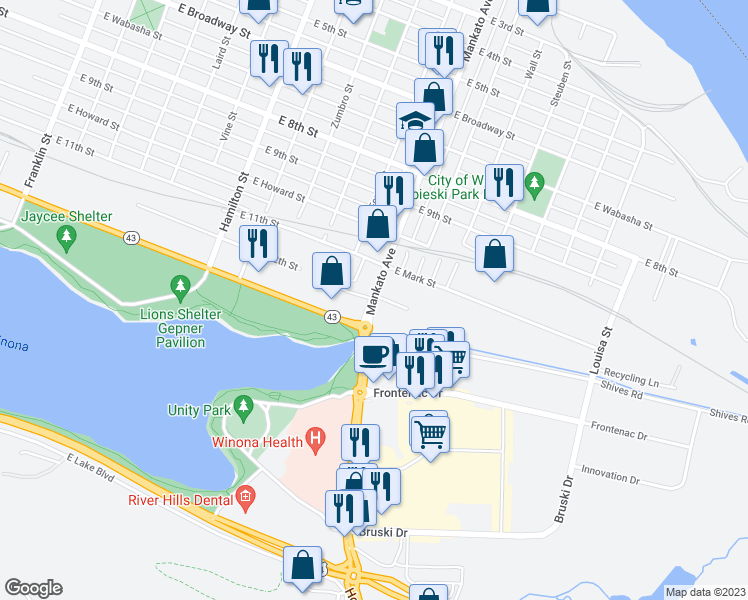 map of restaurants, bars, coffee shops, grocery stores, and more near 598 Mankato Avenue in Winona