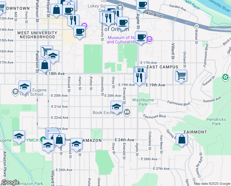 map of restaurants, bars, coffee shops, grocery stores, and more near 1930 Onyx Street in Eugene