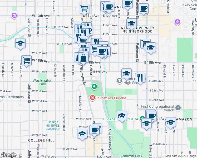 map of restaurants, bars, coffee shops, grocery stores, and more near in Eugene