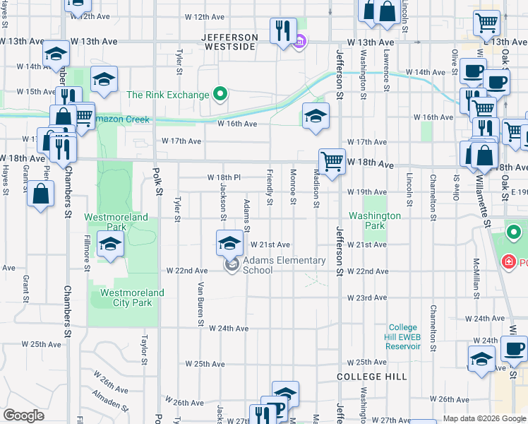 map of restaurants, bars, coffee shops, grocery stores, and more near 1928 Friendly Alley in Eugene