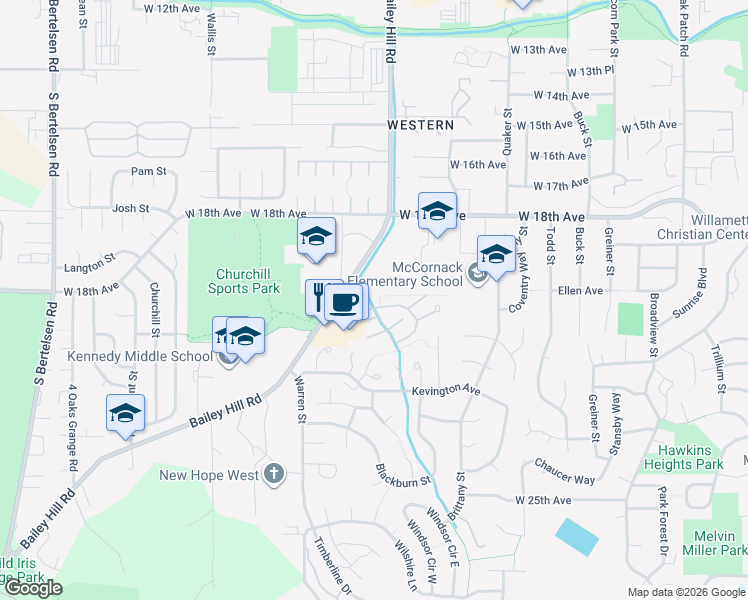map of restaurants, bars, coffee shops, grocery stores, and more near 3800 Westleigh Street in Eugene