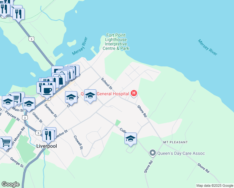 map of restaurants, bars, coffee shops, grocery stores, and more near 130 School Street in Liverpool