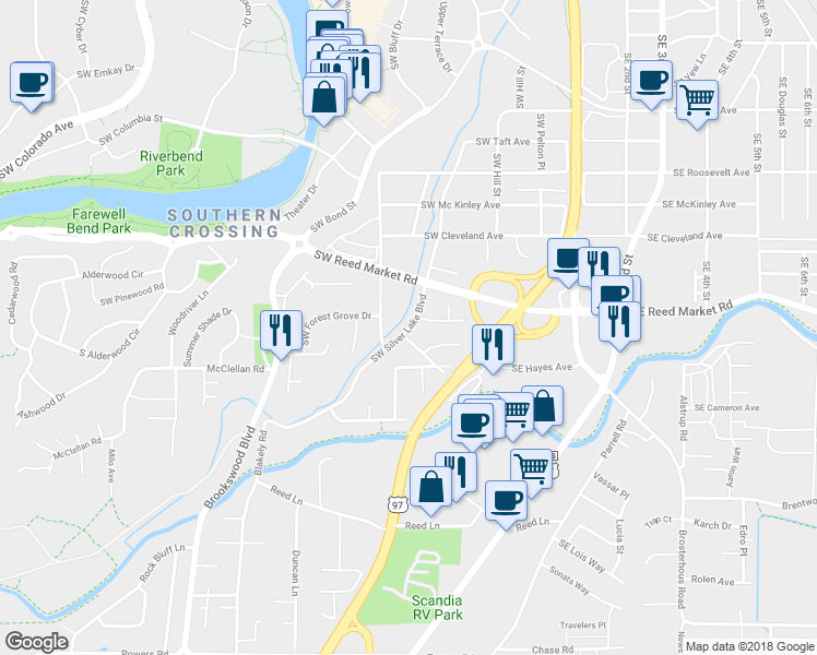 map of restaurants, bars, coffee shops, grocery stores, and more near 1146 Southwest Silver Lake Boulevard in Bend