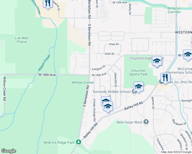 map of restaurants, bars, coffee shops, grocery stores, and more near 1825 4 Oaks Grange Road in Eugene