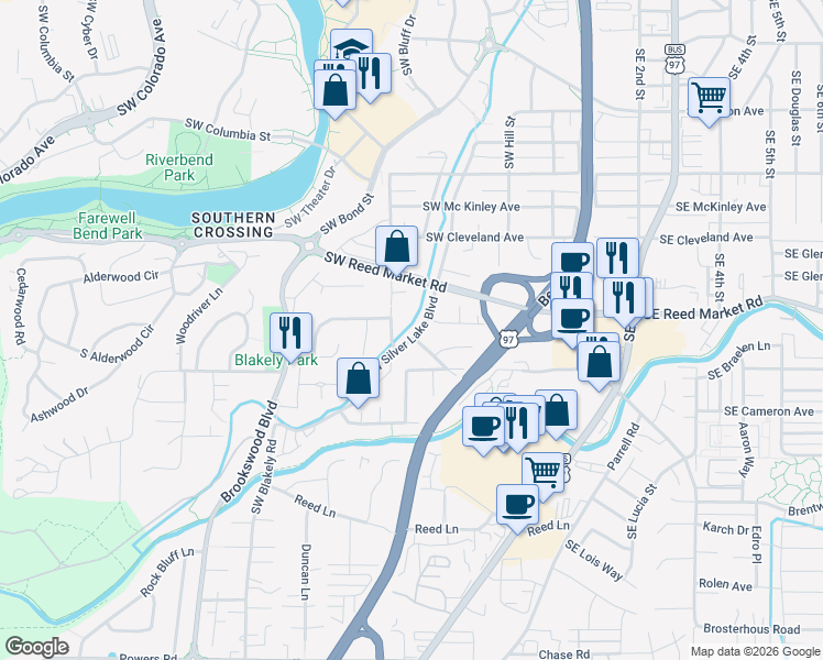 map of restaurants, bars, coffee shops, grocery stores, and more near 1157 Southwest Silver Lake Boulevard in Bend