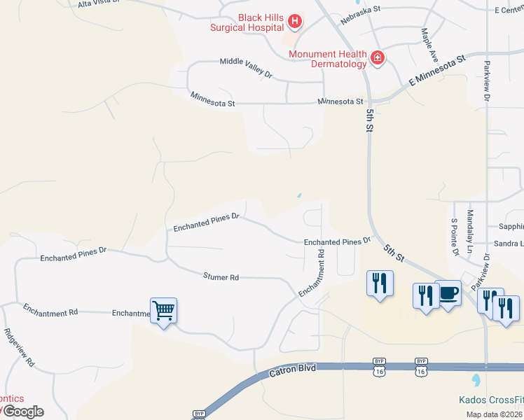 map of restaurants, bars, coffee shops, grocery stores, and more near 412 Enchanted Pines Drive in Rapid City