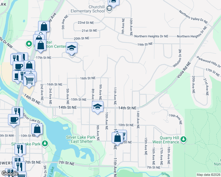 map of restaurants, bars, coffee shops, grocery stores, and more near 1532 10th Avenue Northeast in Rochester
