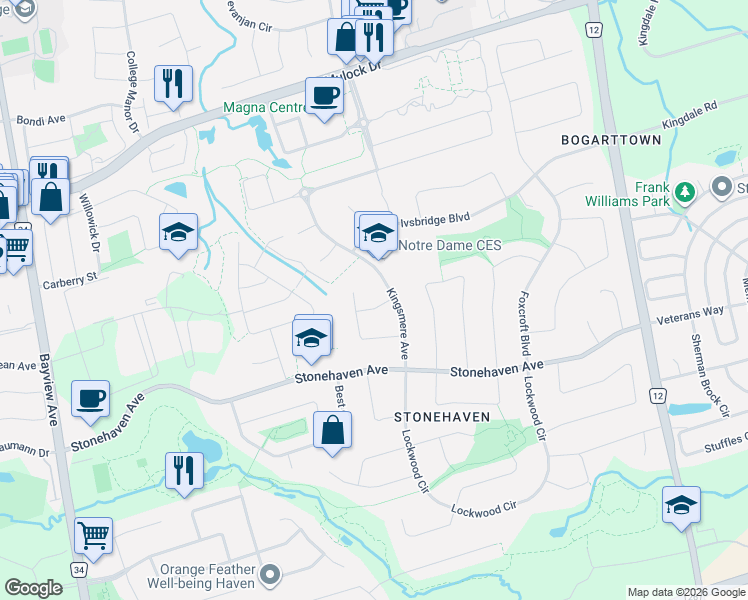 map of restaurants, bars, coffee shops, grocery stores, and more near 917 Ataire Road in Newmarket