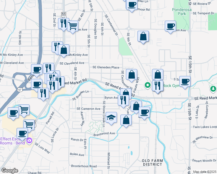 map of restaurants, bars, coffee shops, grocery stores, and more near 621 Southeast Glencoe Place in Bend