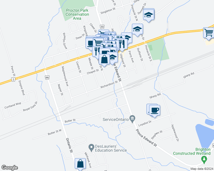 map of restaurants, bars, coffee shops, grocery stores, and more near 56 Division Street North in Brighton