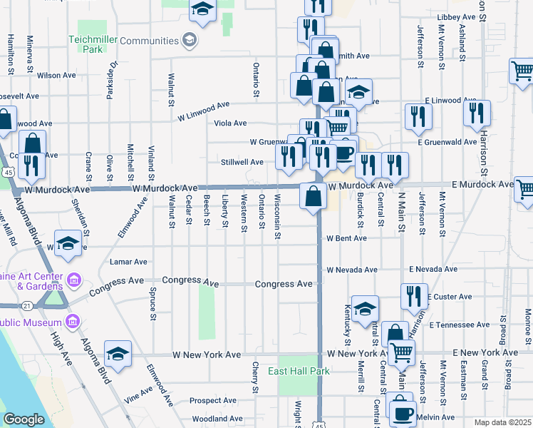map of restaurants, bars, coffee shops, grocery stores, and more near 1644 Ontario Street in Oshkosh