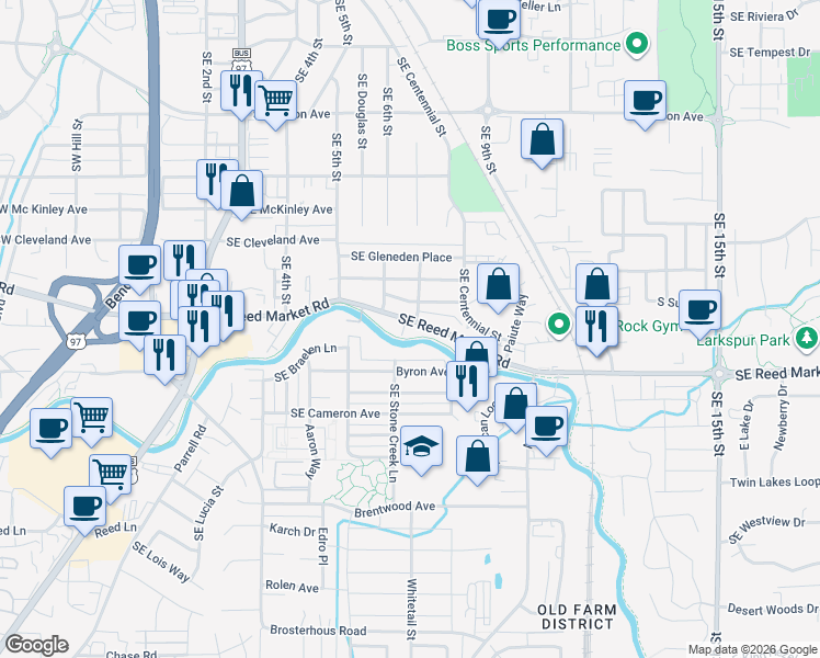 map of restaurants, bars, coffee shops, grocery stores, and more near 621 Southeast Glencoe Place in Bend