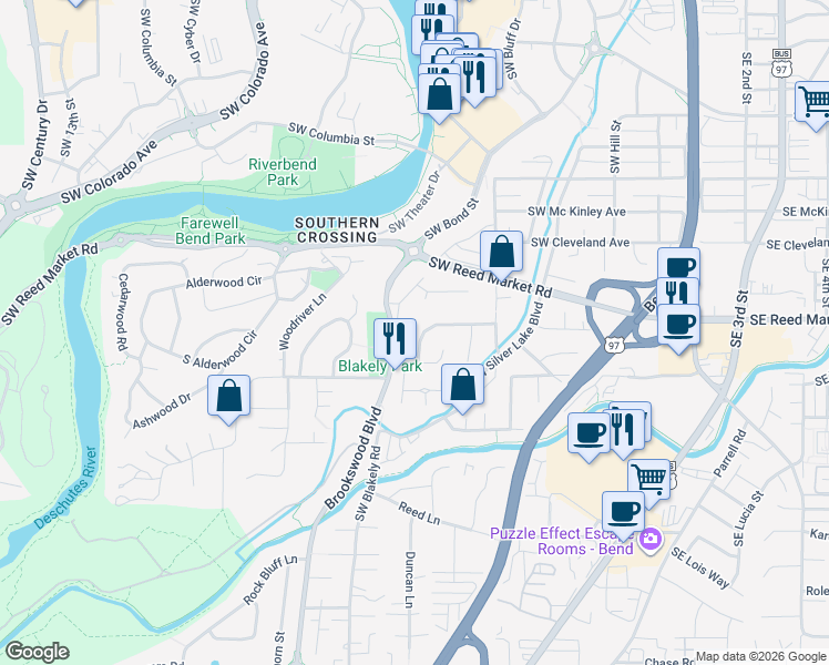 map of restaurants, bars, coffee shops, grocery stores, and more near 906 Blakely Road in Bend