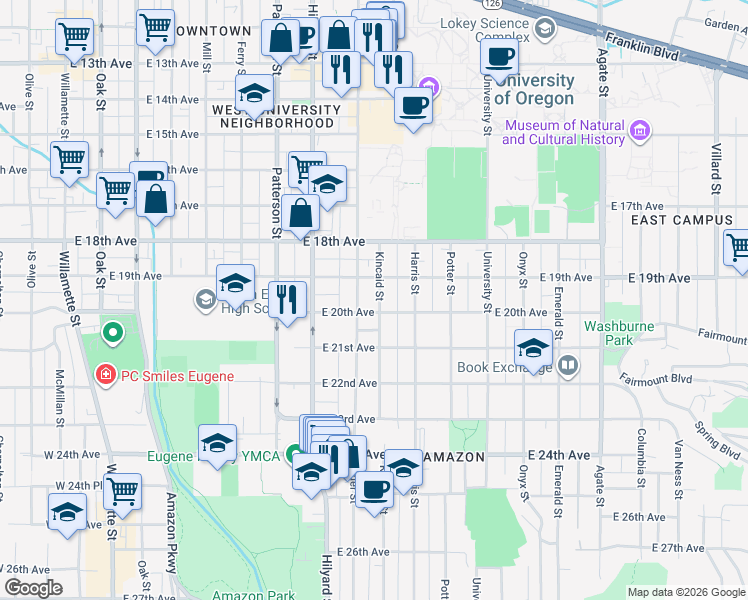 map of restaurants, bars, coffee shops, grocery stores, and more near 885 East 19th Avenue in Eugene