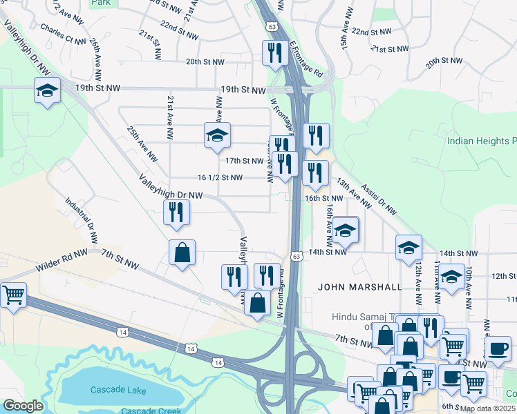 map of restaurants, bars, coffee shops, grocery stores, and more near 1808 16th Street Northwest in Rochester