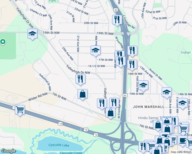 map of restaurants, bars, coffee shops, grocery stores, and more near 1912 Valleyhigh Drive Northwest in Rochester