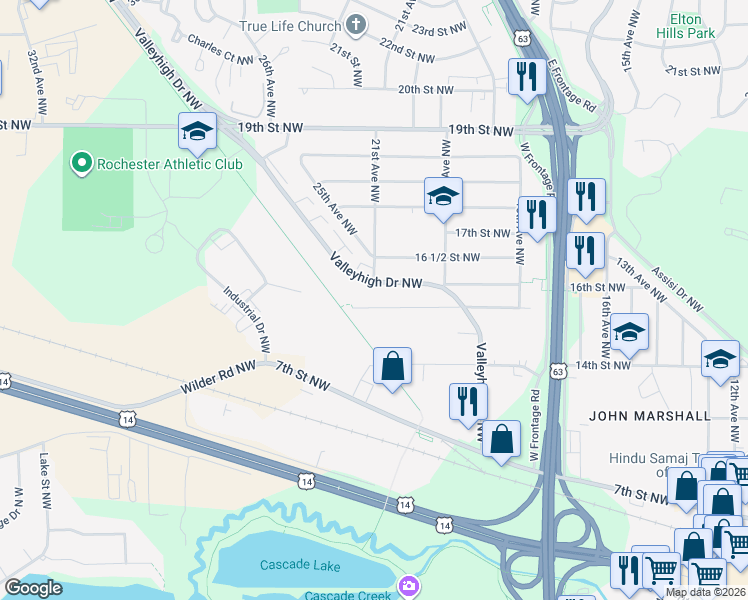 map of restaurants, bars, coffee shops, grocery stores, and more near 2106 County Highway 4 in Rochester