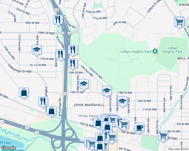 map of restaurants, bars, coffee shops, grocery stores, and more near 1462 13th Avenue Northwest in Rochester