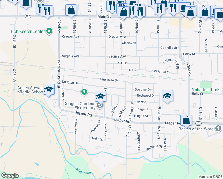 map of restaurants, bars, coffee shops, grocery stores, and more near 3754 Douglas Drive in Springfield