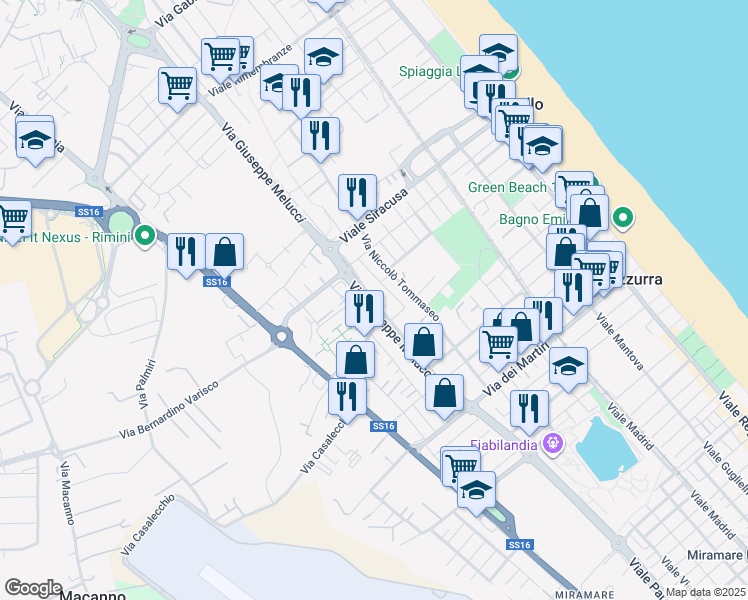 map of restaurants, bars, coffee shops, grocery stores, and more near Via Angelo Morigi in Rimini