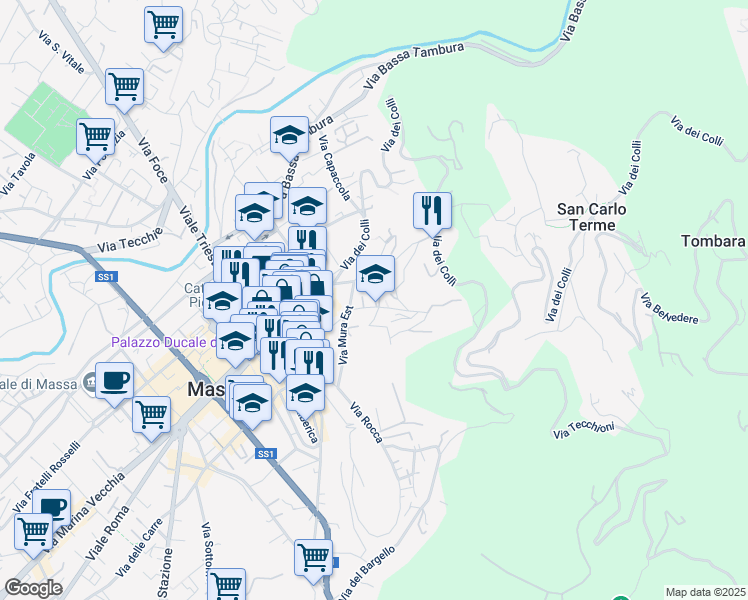 map of restaurants, bars, coffee shops, grocery stores, and more near Via di Pariana in Massa