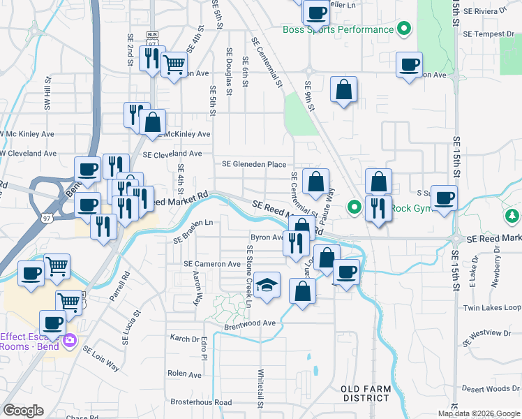 map of restaurants, bars, coffee shops, grocery stores, and more near 645 Southeast Reed Market Road in Bend