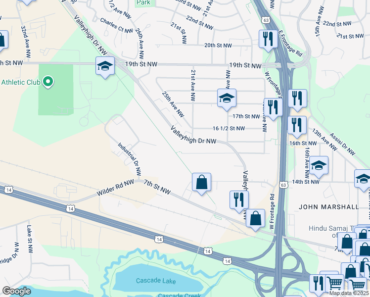 map of restaurants, bars, coffee shops, grocery stores, and more near 2106 Valleyhigh Drive Northwest in Rochester