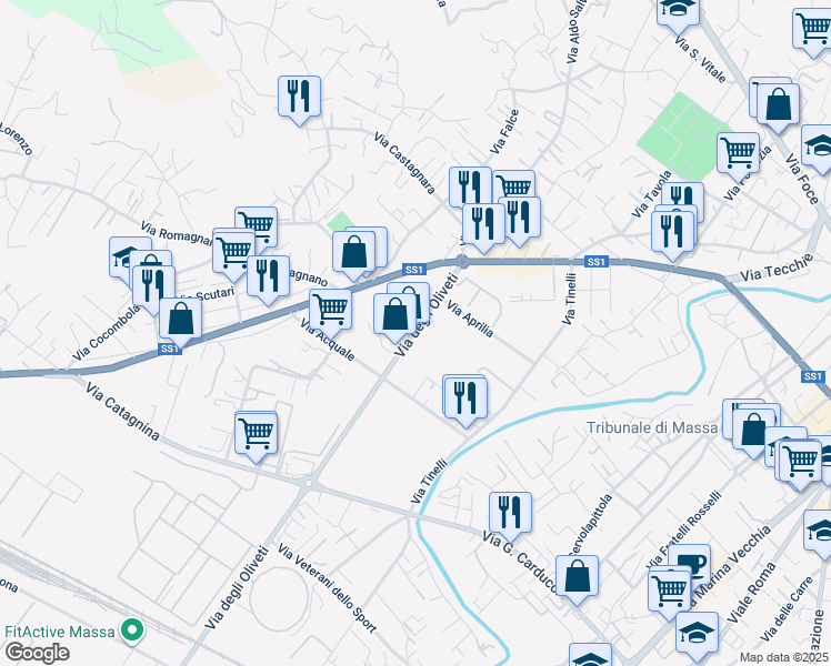 map of restaurants, bars, coffee shops, grocery stores, and more near 10 Via degli Oliveti in Massa