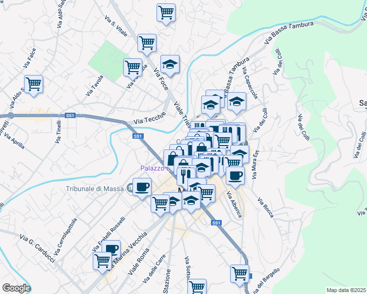 map of restaurants, bars, coffee shops, grocery stores, and more near 3 Via Maternità in Massa
