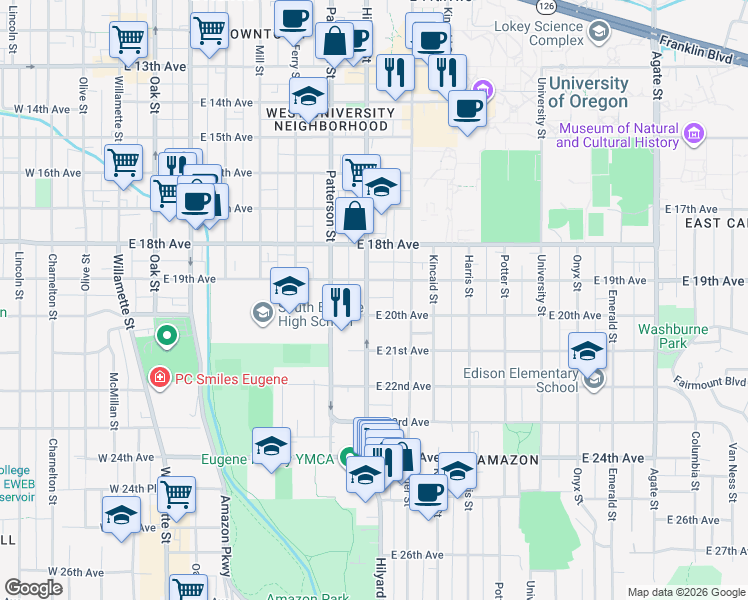 map of restaurants, bars, coffee shops, grocery stores, and more near 1961 Hilyard Street in Eugene