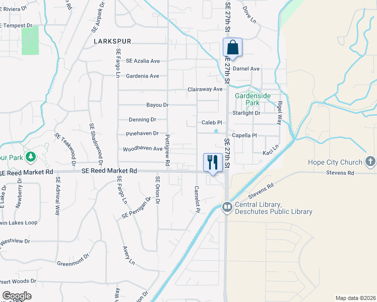 map of restaurants, bars, coffee shops, grocery stores, and more near 61632 Pettigrew Road in Bend