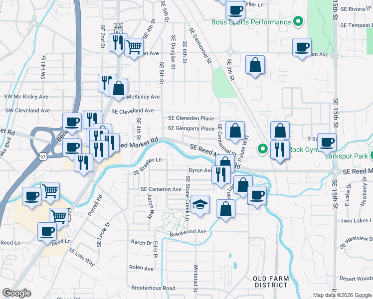 map of restaurants, bars, coffee shops, grocery stores, and more near 621 Southeast Glencoe Place in Bend
