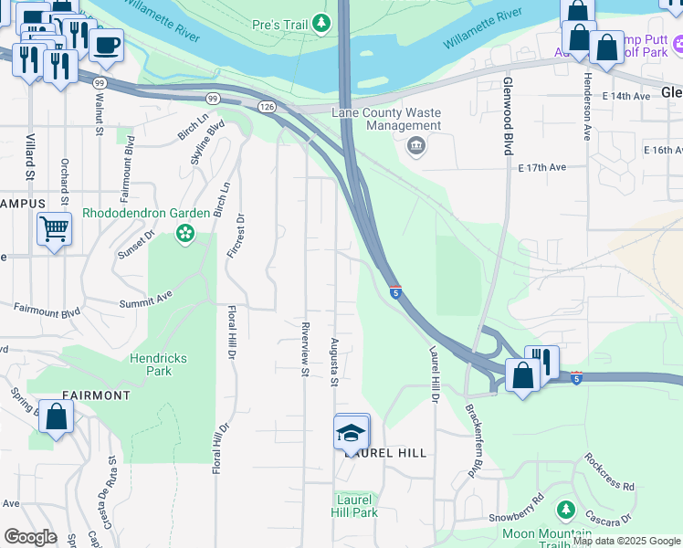 map of restaurants, bars, coffee shops, grocery stores, and more near 1826 Laurel Hill Drive in Eugene