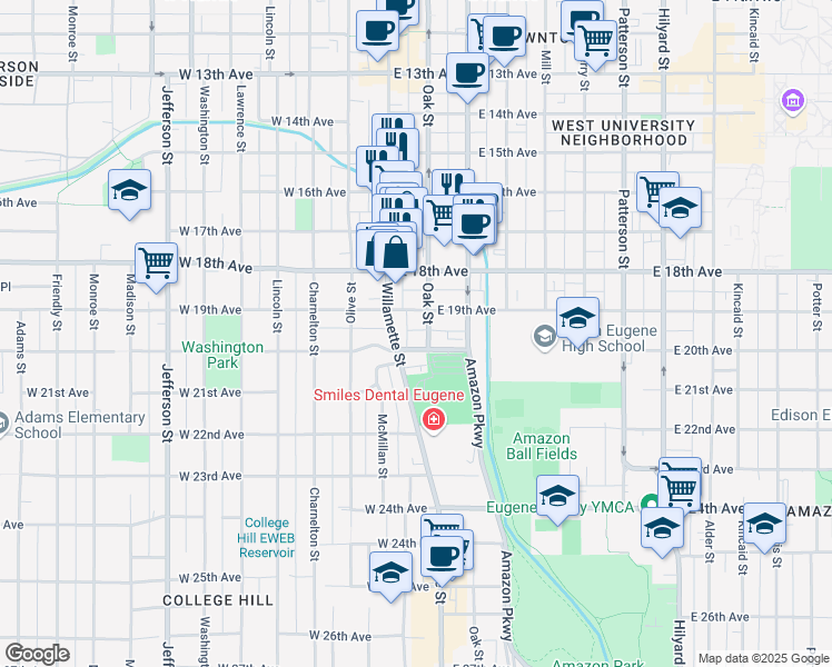 map of restaurants, bars, coffee shops, grocery stores, and more near 1940 Oak Street in Eugene