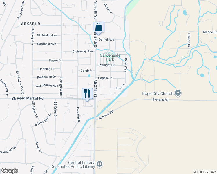 map of restaurants, bars, coffee shops, grocery stores, and more near 61633 Vega Street in Bend