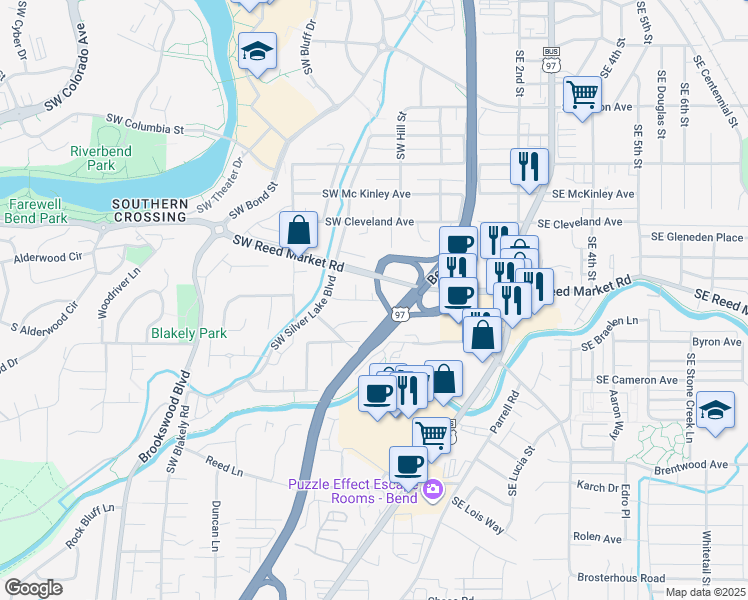 map of restaurants, bars, coffee shops, grocery stores, and more near 200 Summer Lake Place in Bend
