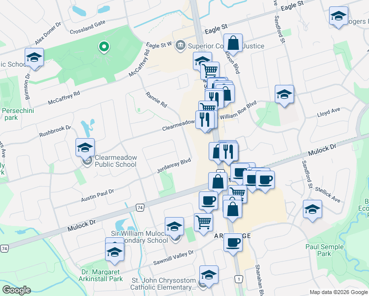 map of restaurants, bars, coffee shops, grocery stores, and more near 79 Jordanray Boulevard in Newmarket