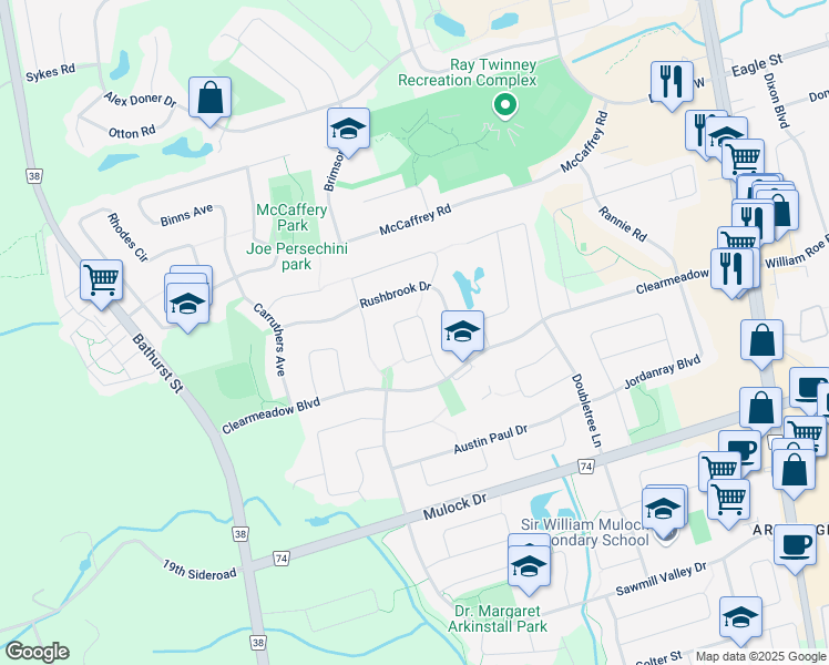 map of restaurants, bars, coffee shops, grocery stores, and more near 171 Denise Circle in Newmarket