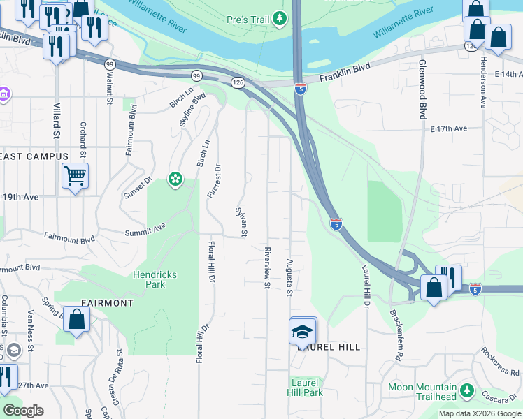 map of restaurants, bars, coffee shops, grocery stores, and more near 1888 Riverview St in Eugene